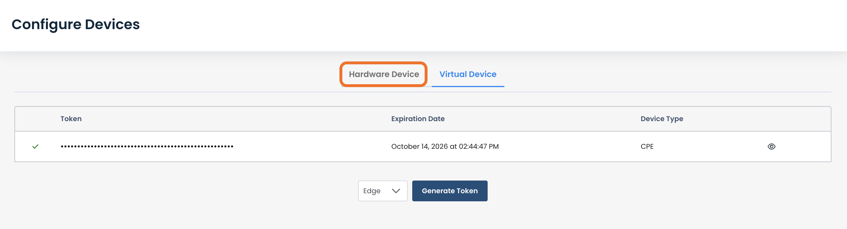 Configuration interface showing hardware device options and token expiration details.